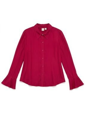 100% Silk Cherry Red Caslon Button-Down Blouse | Flared Bell Cuffs